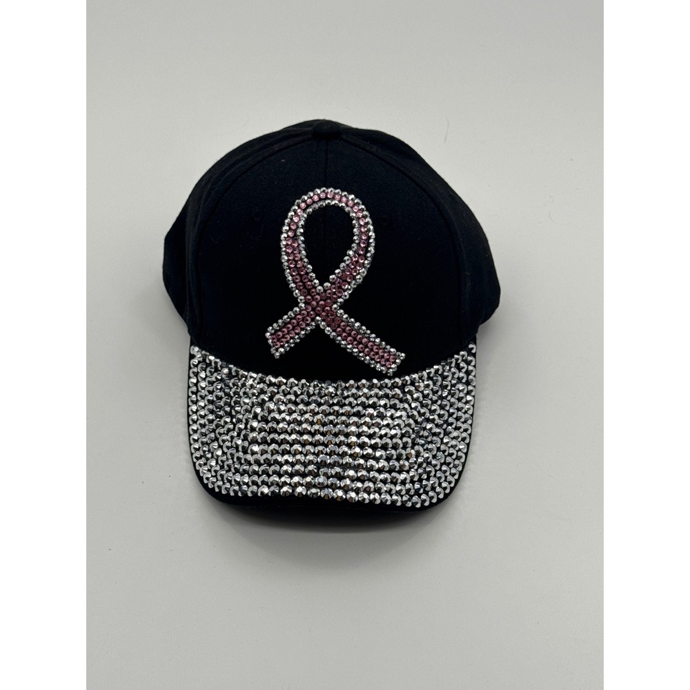 Breast Cancer Awareness Pink Rhinestone Ribbon Black Cotton Baseball Cap Hat